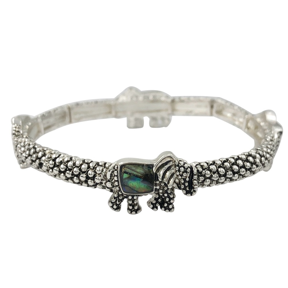 Elephant Inlay Silver Tone Stretch Bracelet
